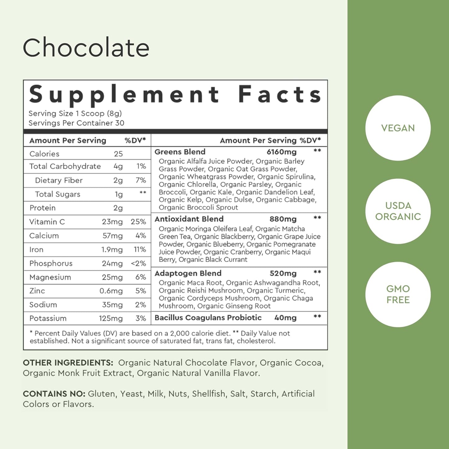 Alaya Naturals Organic Super Greens Powder - Premium Green Juice Supplement with Adaptogens, Antioxidants, Probiotics - USDA Organic, Non-GMO, Vegan - 30 Servings (Chocolate)