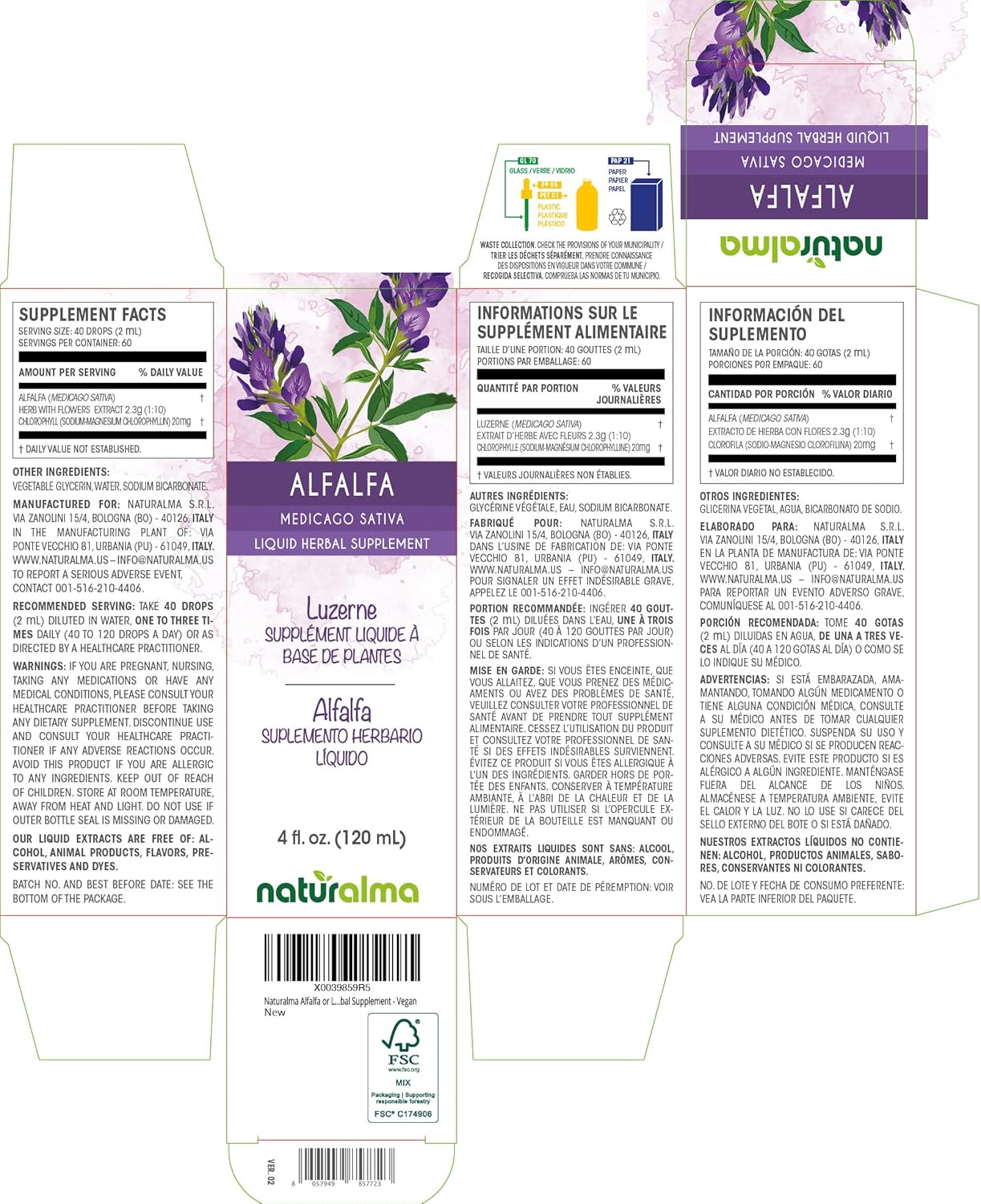 Alcohol-Free Alfalfa and Lucerne Herb Tincture - 4 fl oz Extract Drops - Rich in Chlorophyll - Vegan Herbal Supplement