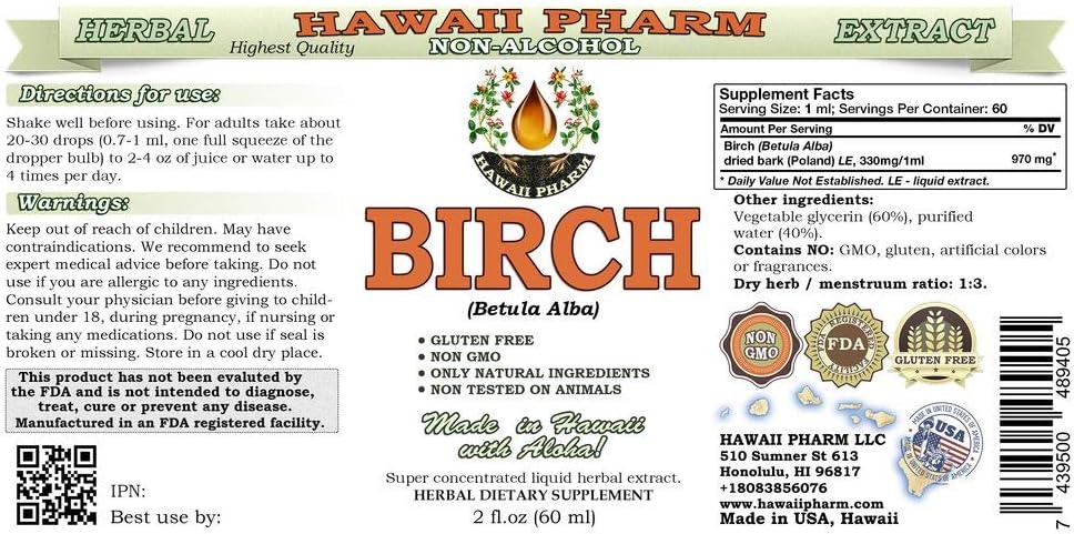 Alcohol-Free Birch Dried Bark Liquid Extract Glycerite Supplement - 2 oz