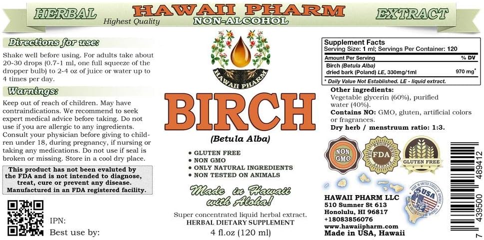 Alcohol-Free Birch Liquid Extract - Natural Herbal Supplement - 4x4 oz - Hawaii Pharm