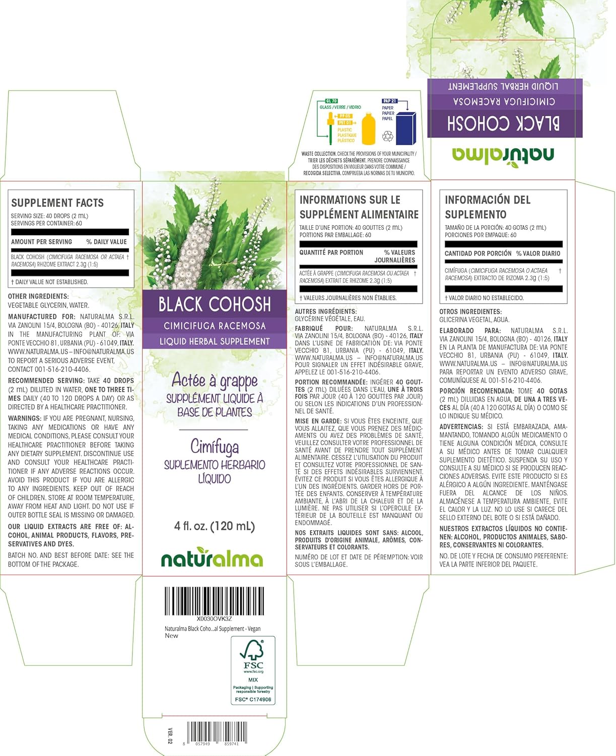 Alcohol-Free Black Cohosh Rhizome Liquid Extract Tincture - 4 fl oz Drops - Herbal Supplement - Vegan - Naturalma