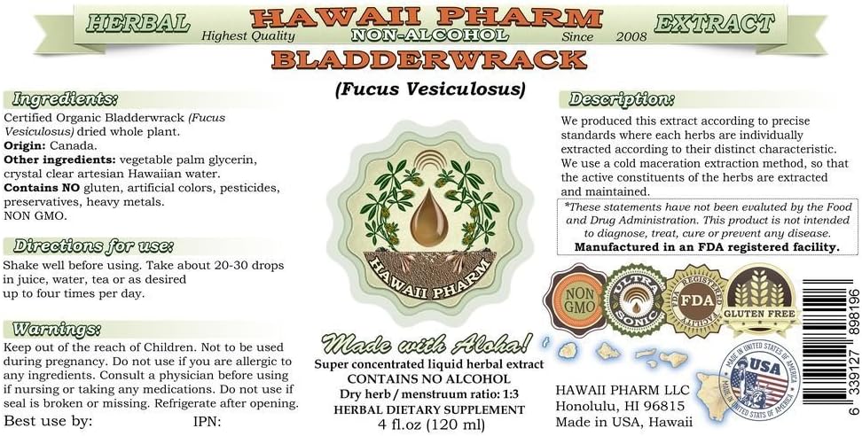 Alcohol-Free Bladderwrack Liquid Extract - Natural Herbal Supplement - 2 oz Bottle by Hawaii Pharm