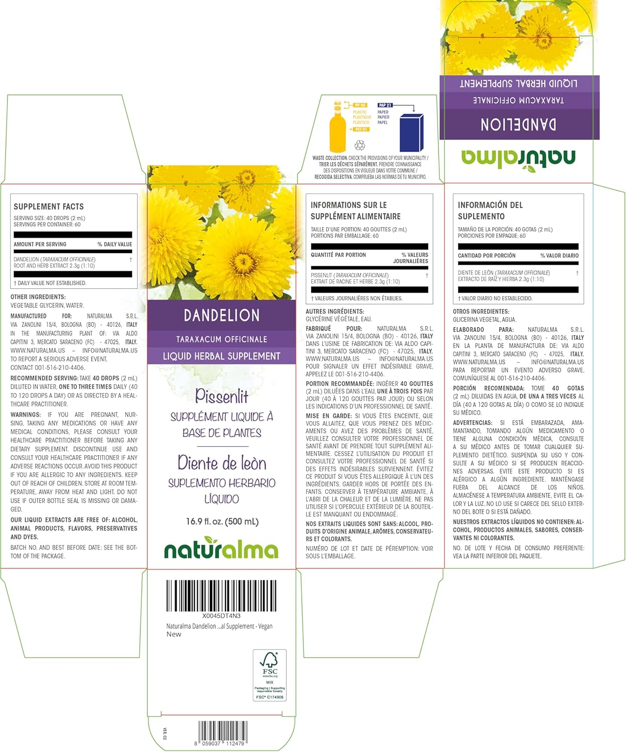 Alcohol-Free Dandelion Root and Herb Tincture - 16.9 fl oz Liquid Extract Drops - Herbal Supplement - Vegan Friendly