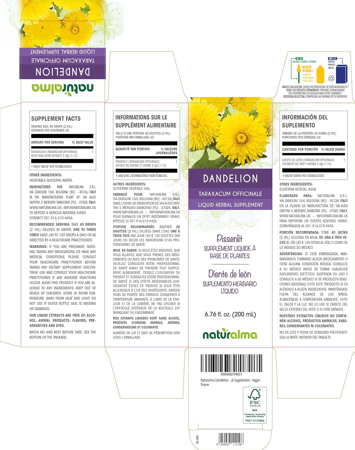 Alcohol-Free Dandelion Root and Herb Tincture - 6.76 fl oz Liquid Extract - Herbal Supplement for Vegans