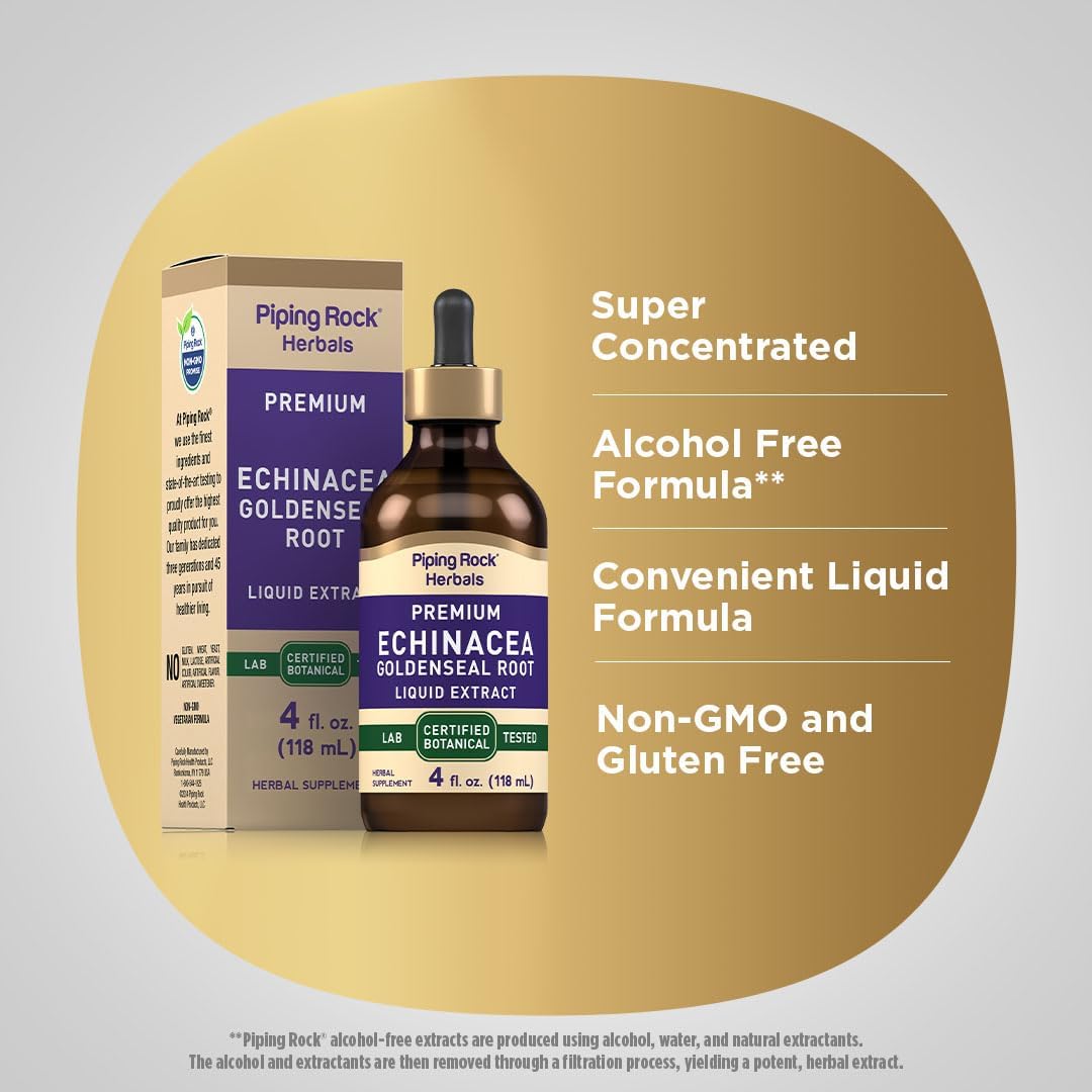 Alcohol-Free Echinacea Goldenseal Tincture, 4 Fl Oz Liquid Drops - Vegetarian, Non-GMO, Gluten-Free Herbal Extract