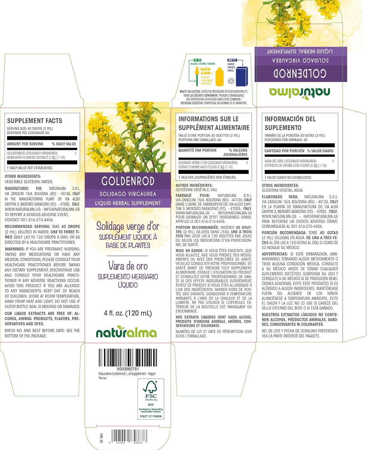 Alcohol-Free Goldenrod Herb Tincture - 4 fl oz Liquid Extract - Vegan Herbal Supplement