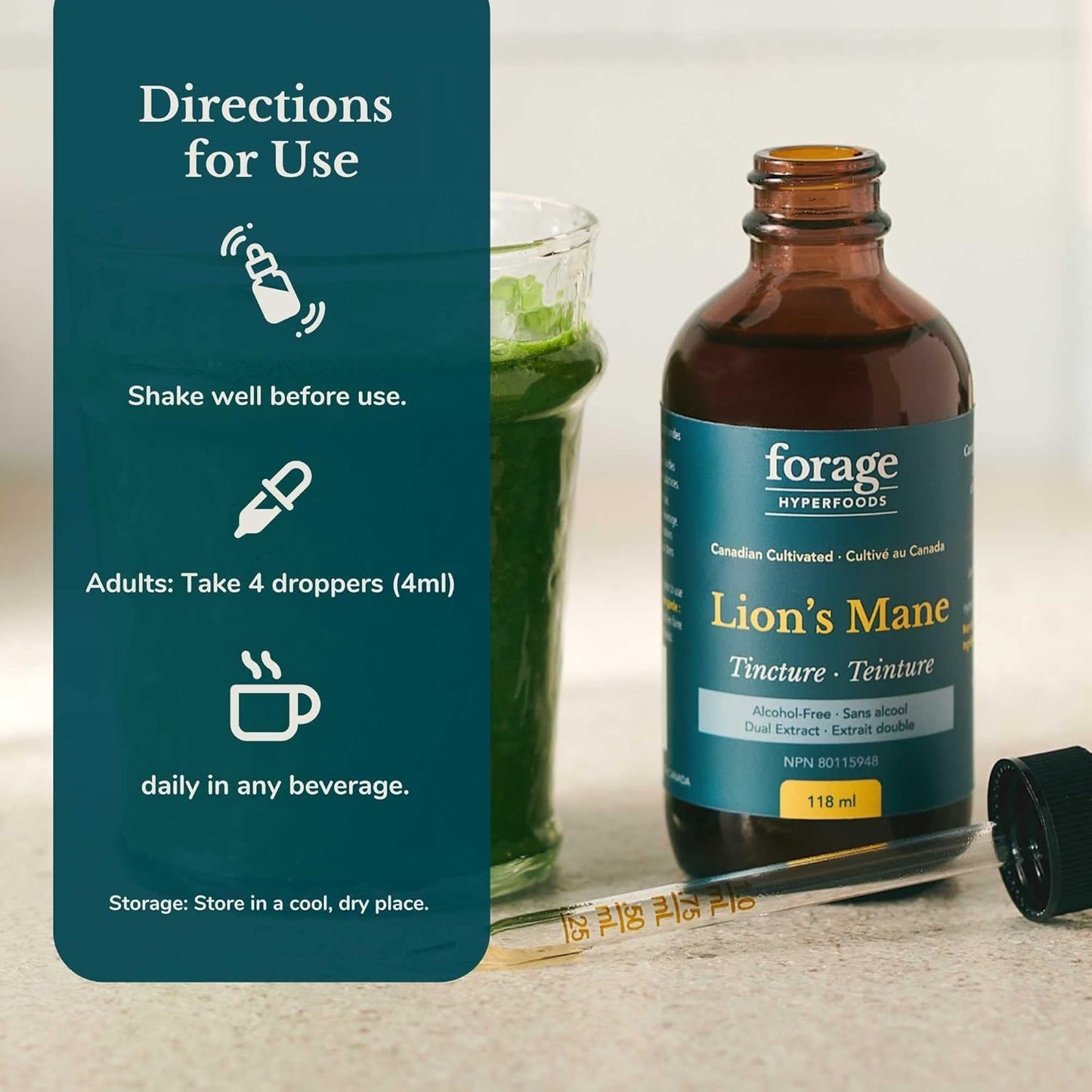 Alcohol-Free Lion's Mane Mushroom Superfood Extract Tincture - Canadian Grown, Vegan, Non-GMO - Memory and Nerve Support - 118ML