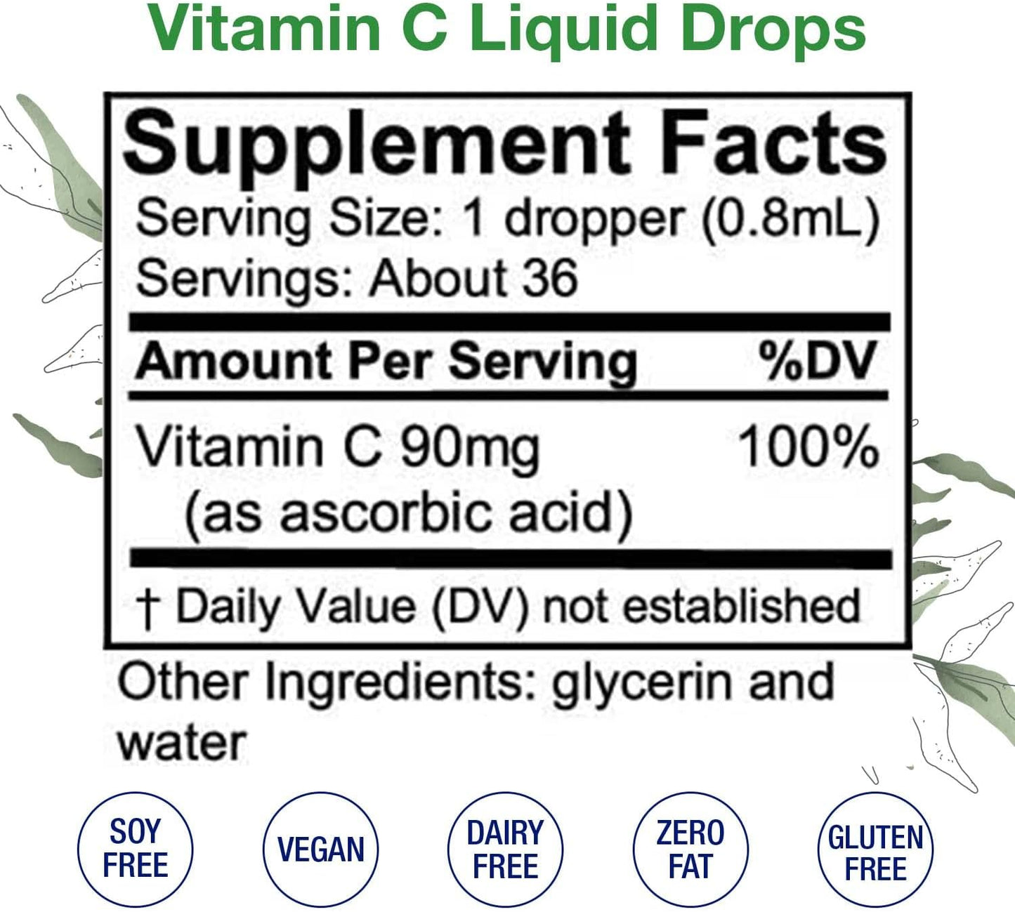 Alcohol-Free Liquid Vitamin C Drops for Skin, Bones & Joint Health - Immune Support Supplement for Kids & Adults - Vegan Non-GMO Extract (1 oz)