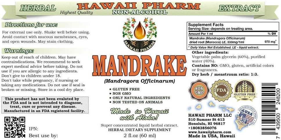 Alcohol-Free Mandrake Liquid Extract Glycerite - 2 oz USA Herbal Supplement