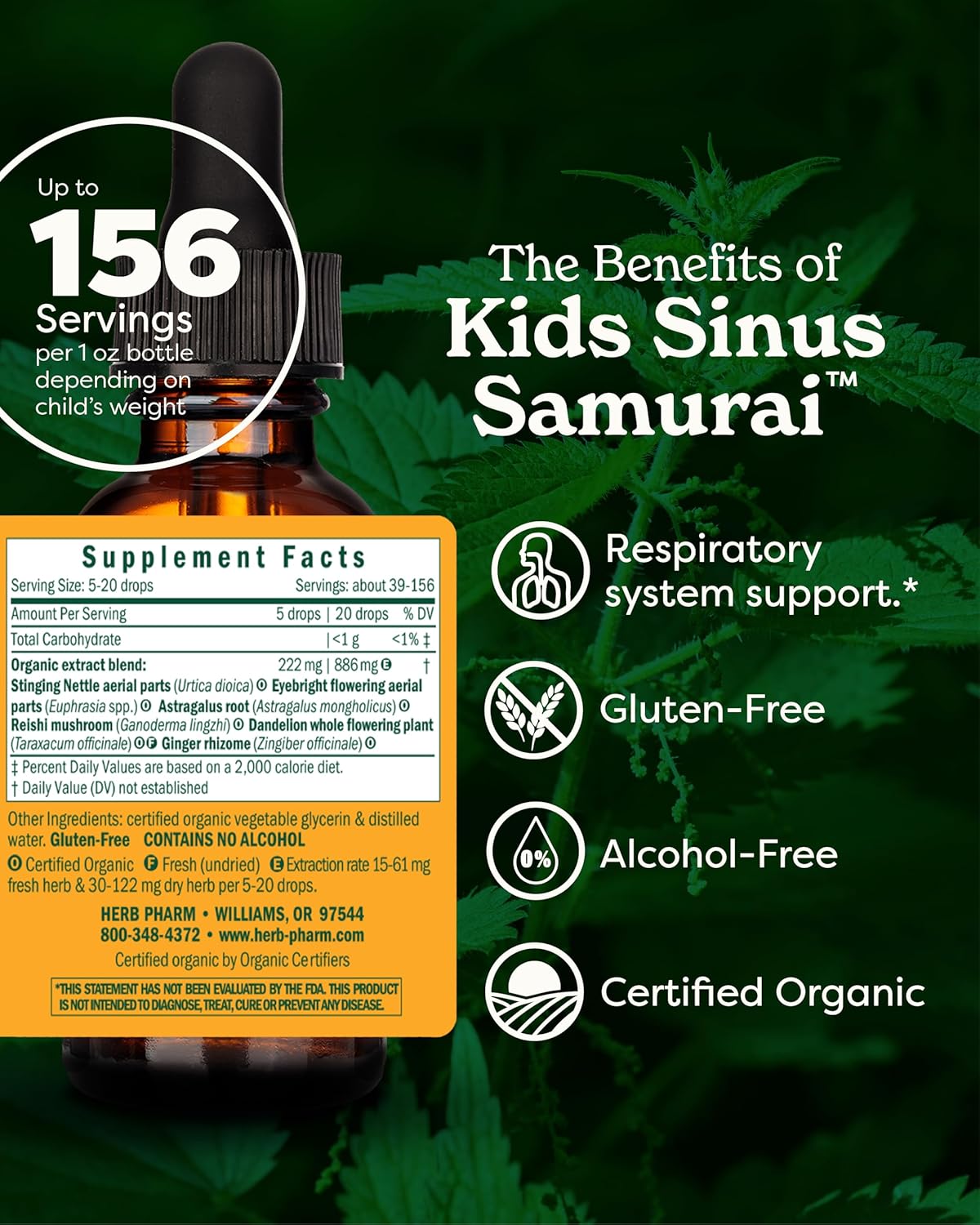 Alcohol-Free Organic Kids Sinus Samurai Liquid Herbal Formula by Herb Pharm - 1 Fl Oz - BoostGo Australia