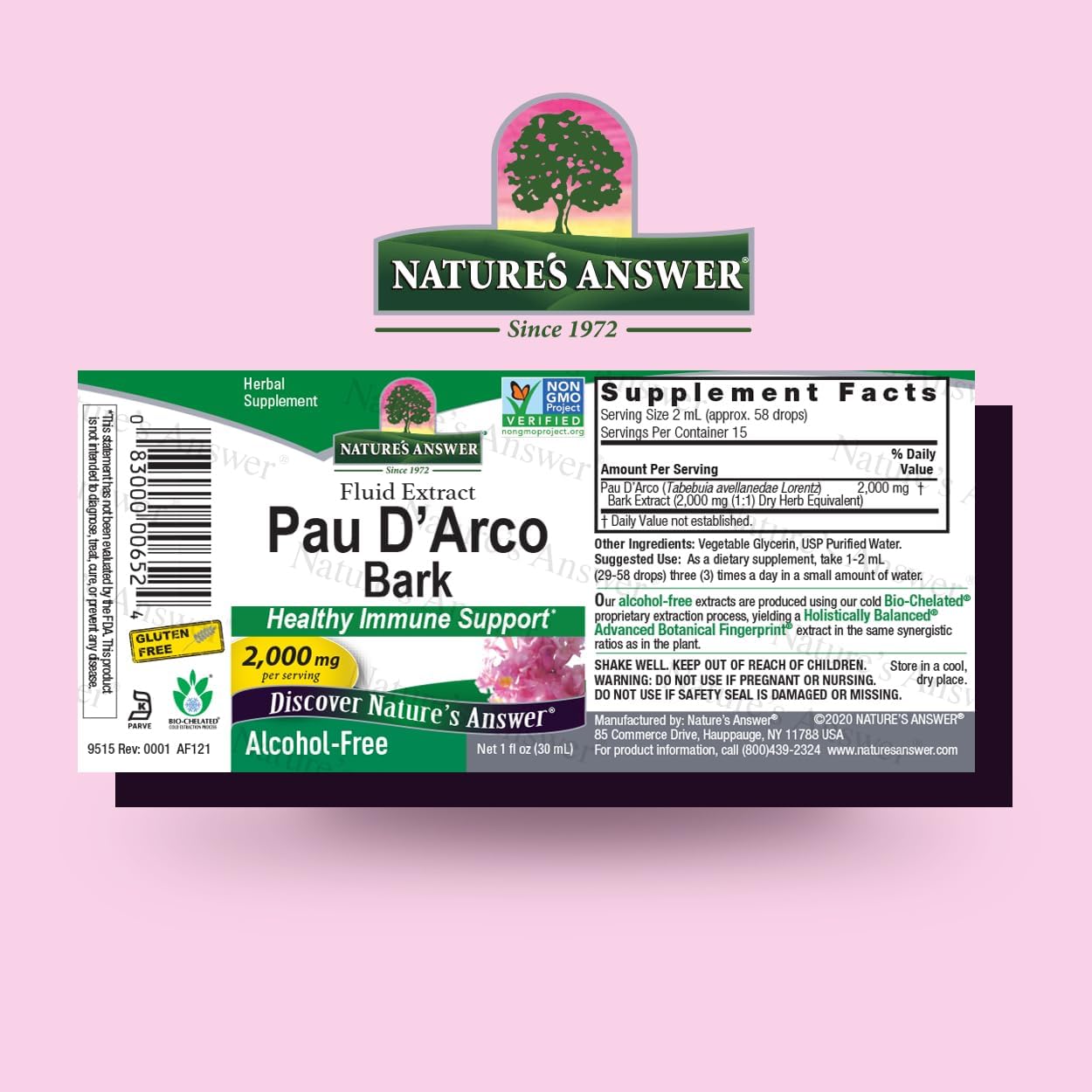 Alcohol-Free PAU D'Arco Inner Bark Extract 2000mg 1oz | Supports Healthy Immune System, Intestinal Flora | Gluten-Free, Kosher Certified | Single Count