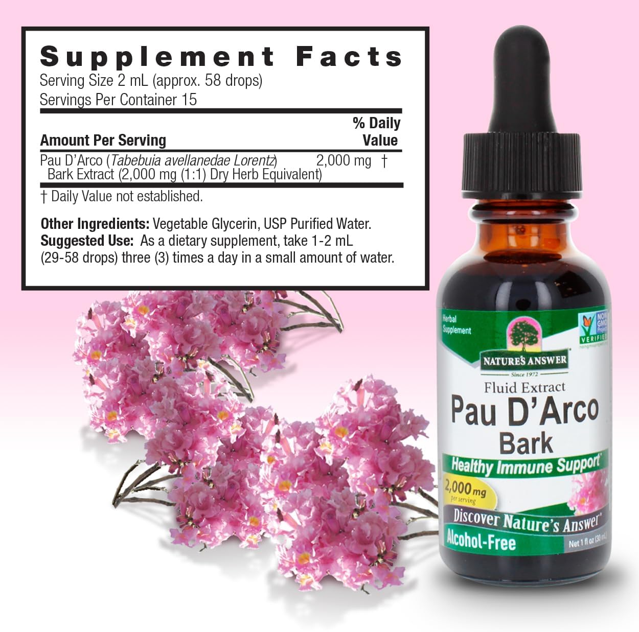 Alcohol-Free PAU D'Arco Inner Bark Extract 2000mg 1oz | Supports Healthy Immune System, Intestinal Flora | Gluten-Free, Kosher Certified | Single Count