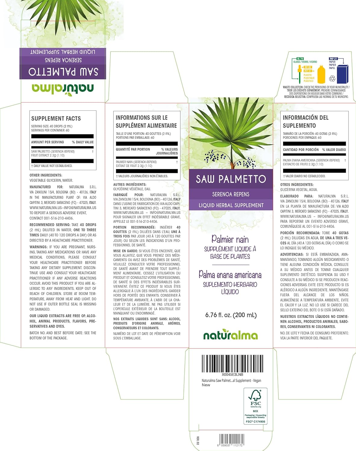 Alcohol-Free Saw Palmetto Fruit Tincture - 6.76 fl oz Liquid Extract Drops - Vegan Herbal Supplement by Naturalma