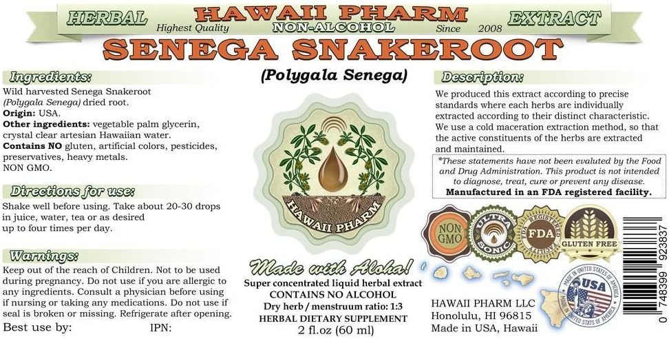 Alcohol-Free Senega Snakeroot Liquid Extract, Natural Herbal Glycerite Supplement - 2 fl.oz by Hawaii Pharm