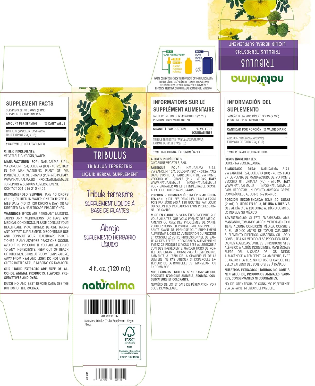 Alcohol-Free Tribulus terrestris Tincture - 4 fl oz Liquid Extract Drops - Naturalma Herbal Supplement