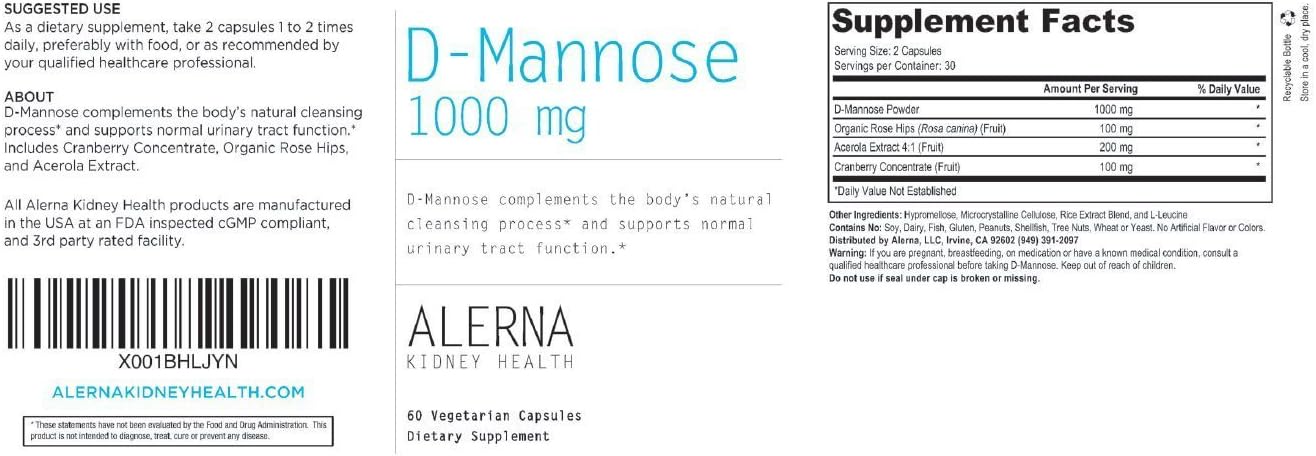 Alerna D-Mannose 1000mg Capsules - Kidney & Urinary Tract Health Support with Cranberry, Rose HIPS, Acerola - 180 Capsules