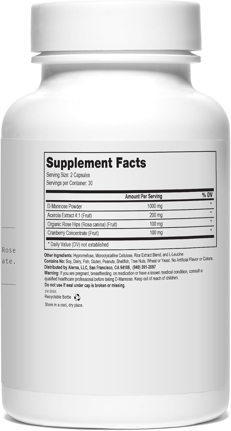 Alerna Kidney Health D-Mannose Capsules - 1000mg with Cranberry & Acerola Extract - Urinary Tract Support - 60 Vegetarian Capsules