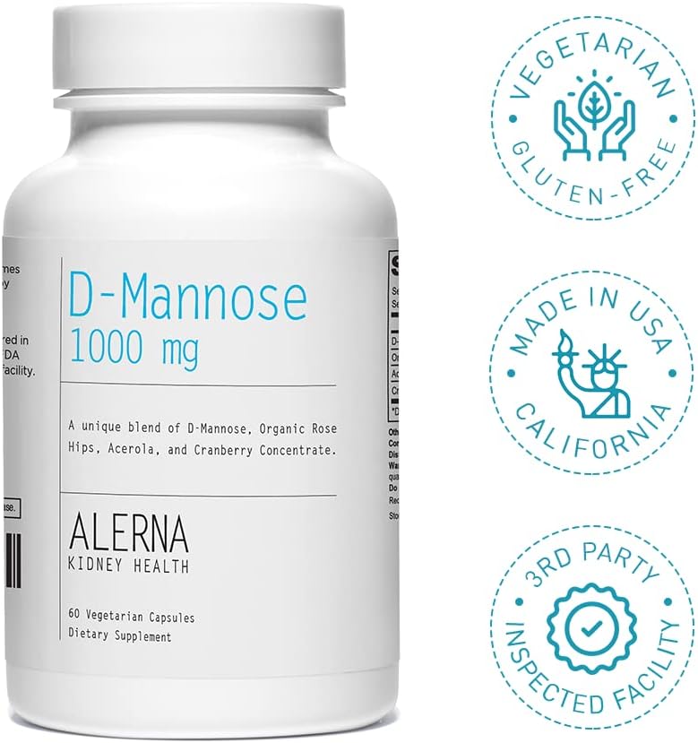Alerna Kidney Health D-Mannose Capsules - 1000mg with Cranberry & Acerola Extract - Urinary Tract Support - 60 Vegetarian Capsules