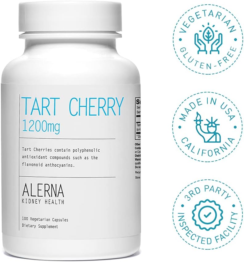Alerna Tart Cherry Extract Capsules - 1200 mg for Kidney Health, 100 Vegetarian Capsules, Gluten Free & Non-GMO
