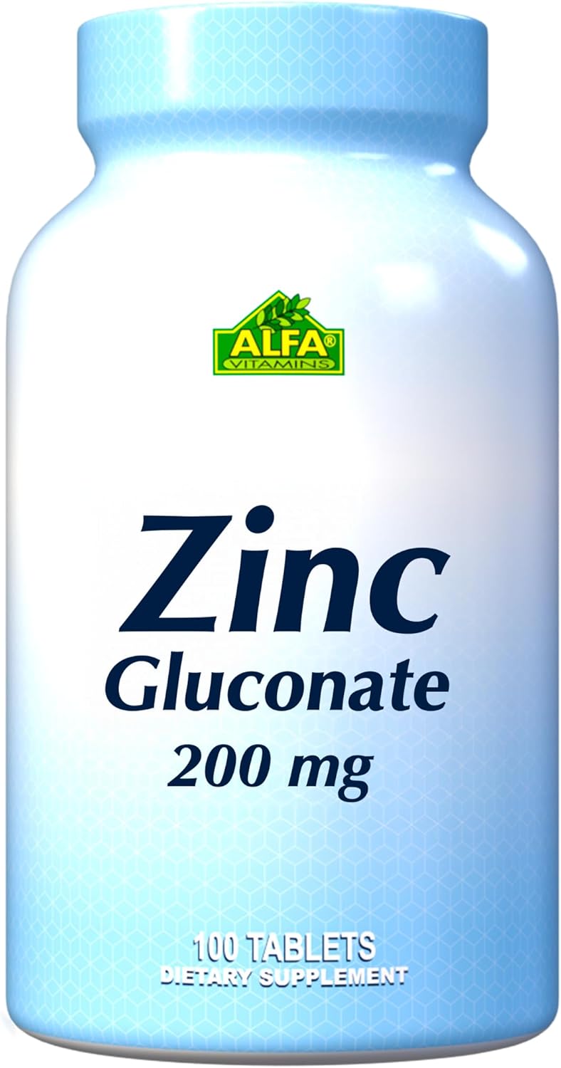 Alfa Vitamins 200mg Zinc Gluconate Tablets for Immune Support and Healthy Skin (100 Count)