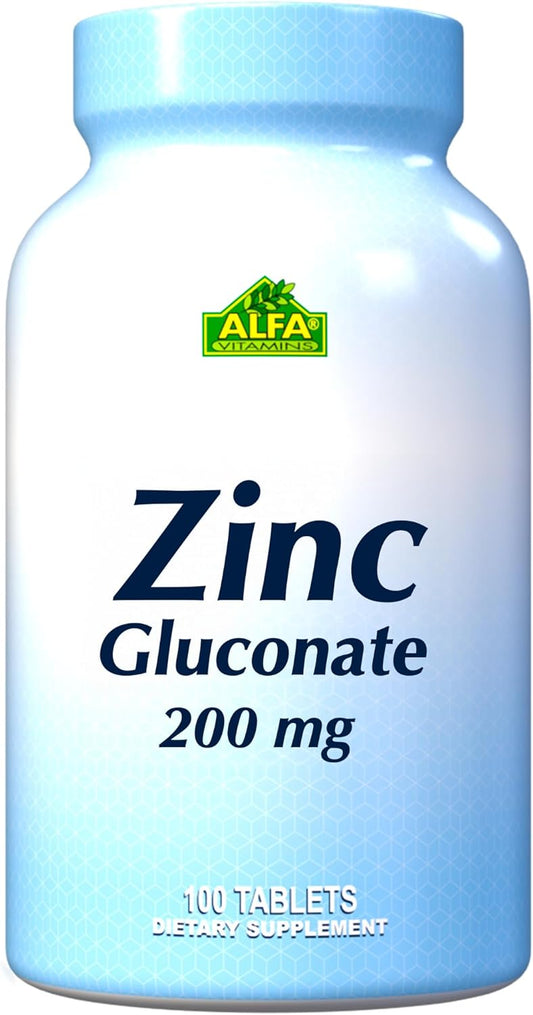 Alfa Vitamins 200mg Zinc Gluconate Tablets for Immune Support and Healthy Skin (100 Count)