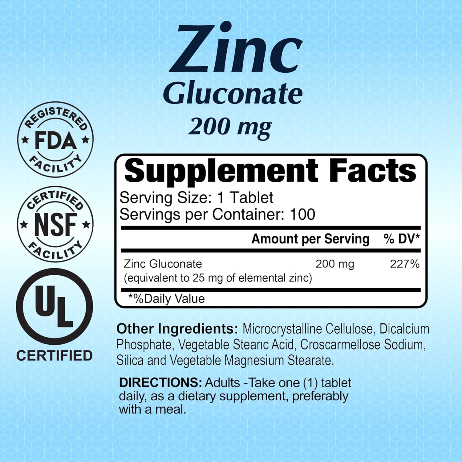Alfa Vitamins 200mg Zinc Gluconate Tablets for Immune Support and Healthy Skin (100 Count)