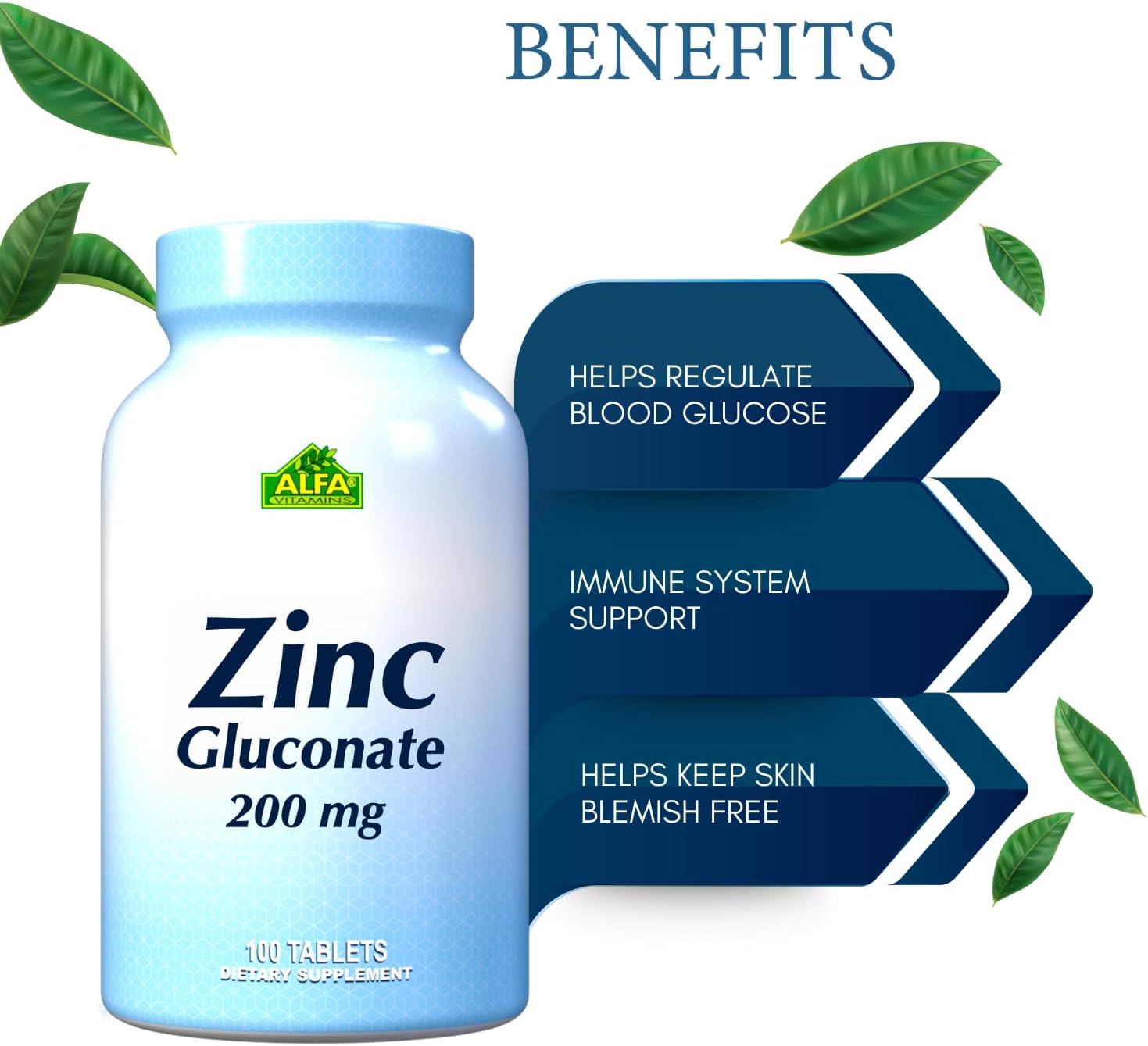 Alfa Vitamins 200mg Zinc Gluconate Tablets for Immune Support and Healthy Skin (100 Count)