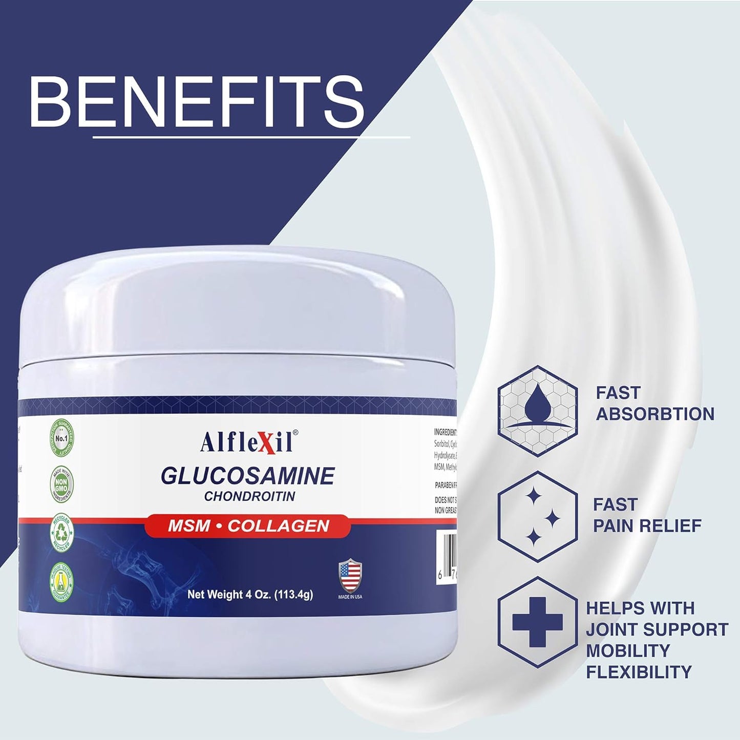ALFA VITAMINS ALFLEXIL Glucosamine & Chondroitin Cream with MSM & Collagen | Joint & Muscle Pain Relief | Men & Women | 4 Oz Jar (2 Pack)
