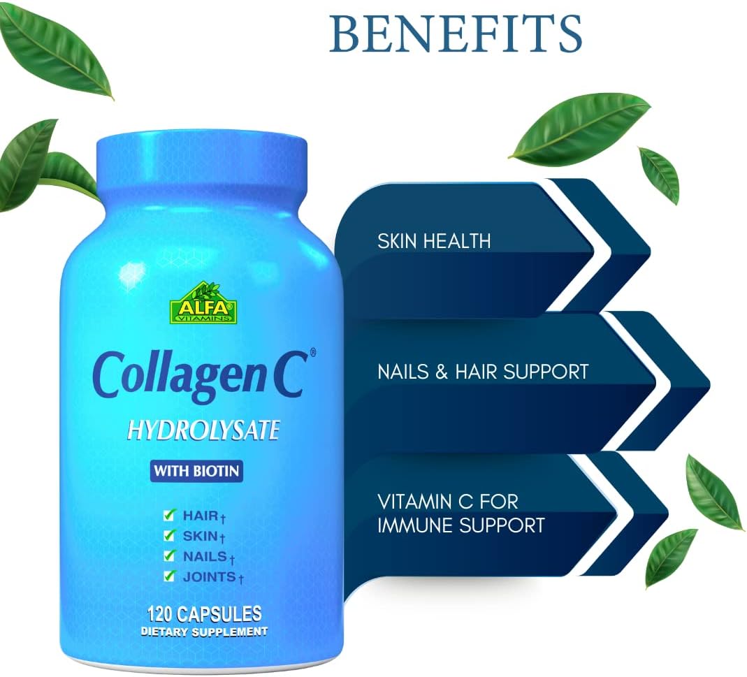 Alfa Vitamins Premium Collagen Hydrolysate: Anti-Aging Supplement with Vitamin C for Skin, Nails, Hair, Bone & Muscle Health - 120 Capsules - Made in USA - BoostGo Australia
