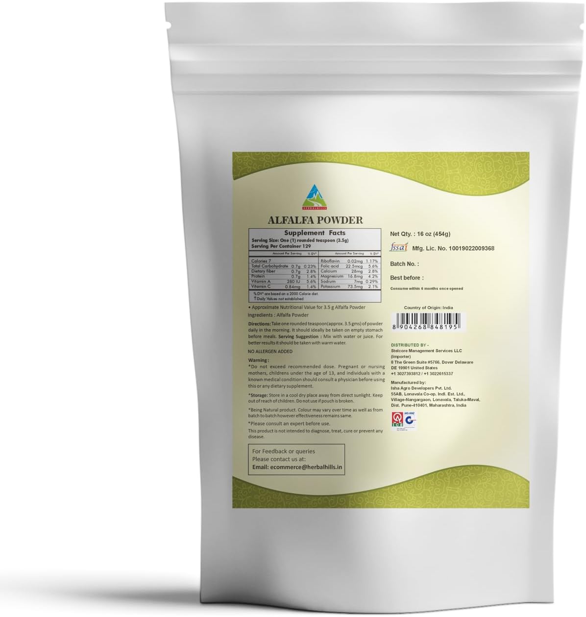 Alfalfa Powder 16 Oz - Organic Green Superfood Dried Whole Leaves by HERBAL HILLS