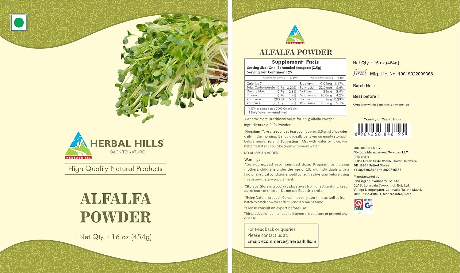 Alfalfa Powder 16 Oz - Organic Green Superfood Dried Whole Leaves by HERBAL HILLS