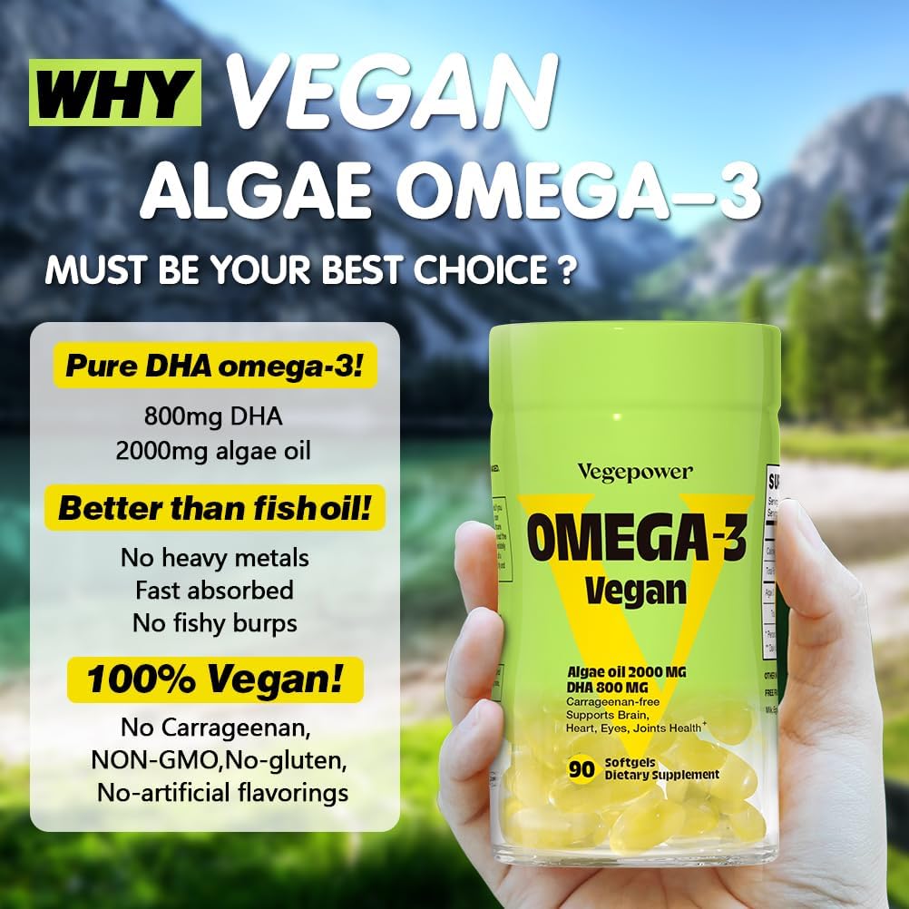 Algae Omega-3 DHA Gummies with Vitamin B12 and D for Heart, Brain, and Immune Support - 90 Count