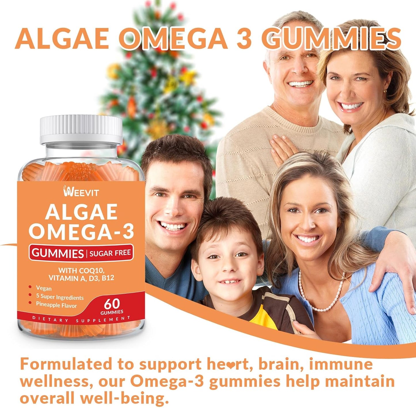 Algae Omega 3 Gummies for Adults - Sugar Free with 240mg DHA, 110mg EPA, Vitamin B12, CoQ10
