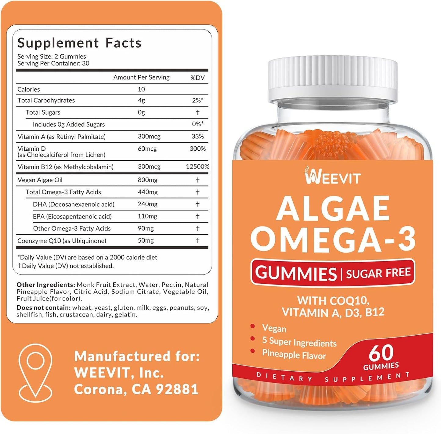 Algae Omega 3 Gummies for Adults - Sugar Free with 240mg DHA, 110mg EPA, Vitamin B12, CoQ10