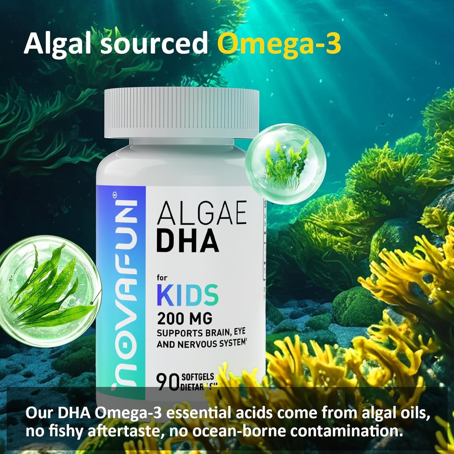 Algal Omega-3 & DHA Softgels for Kids | Brain, Eye, Heart Health | Cognitive, Immune Function | Non-GMO | 200mg - 90ct