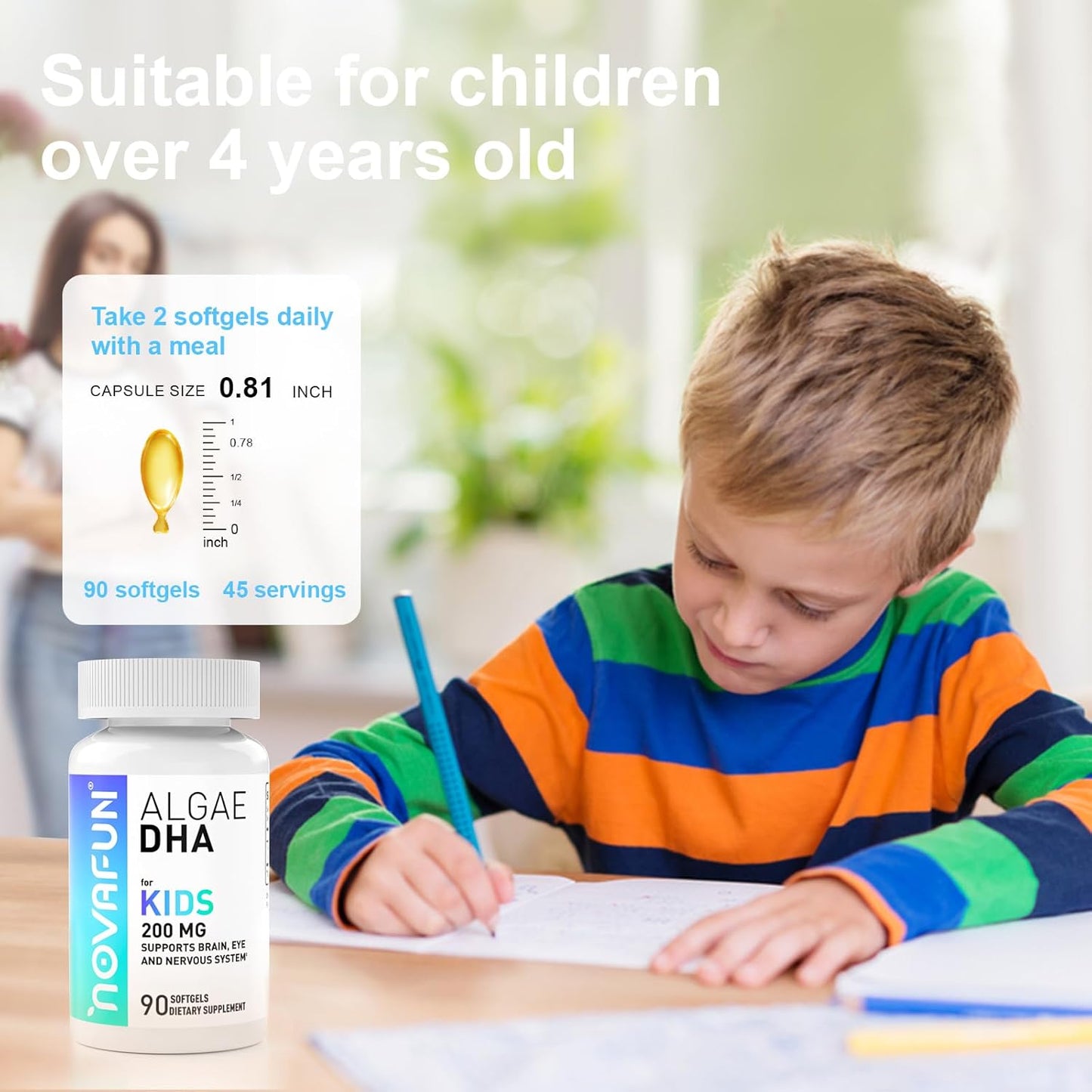 Algal Omega-3 & DHA Softgels for Kids | Brain, Eye, Heart Health | Cognitive, Immune Function | Non-GMO | 200mg - 90ct