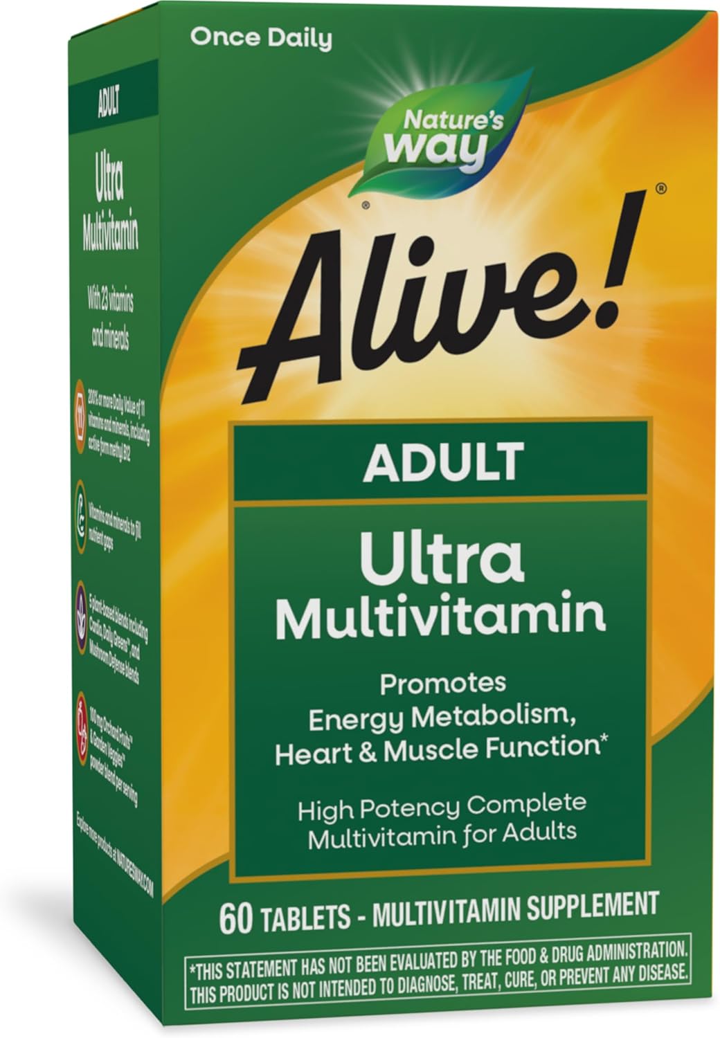 Alive! Adult Ultra Multivitamin with B-Vitamins & Methylated B12 for Energy & Heart Health, Gluten Free - 60 Tablets