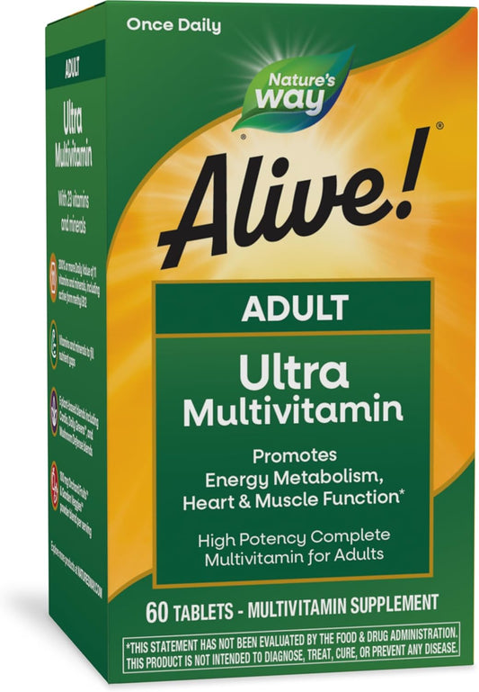 Alive! Adult Ultra Multivitamin with B-Vitamins & Methylated B12 for Energy & Heart Health, Gluten Free - 60 Tablets