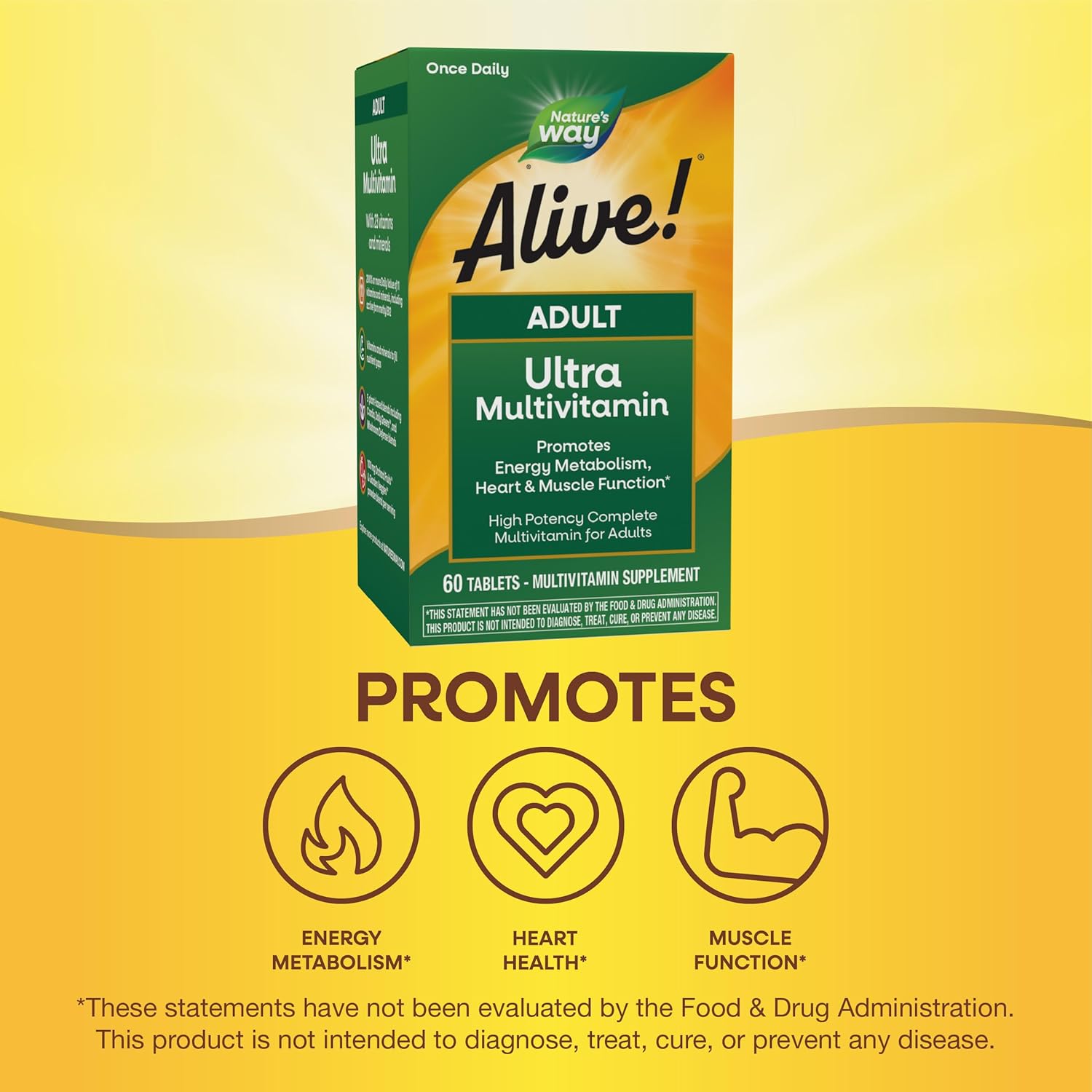 Alive! Adult Ultra Multivitamin with B-Vitamins & Methylated B12 for Energy & Heart Health, Gluten Free - 60 Tablets