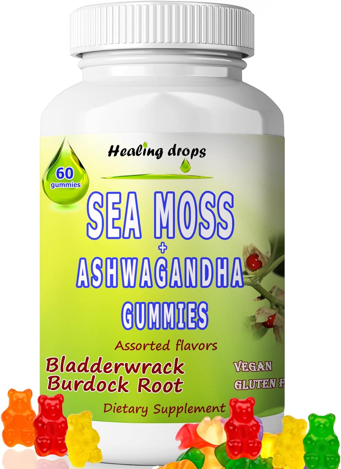 Alkaline Keto Vegan Sea Moss Gummies with Ashwagandha, Bladderwrack, and Burdock Root - Non-GMO, Dairy & Gluten Free by Healing Drops