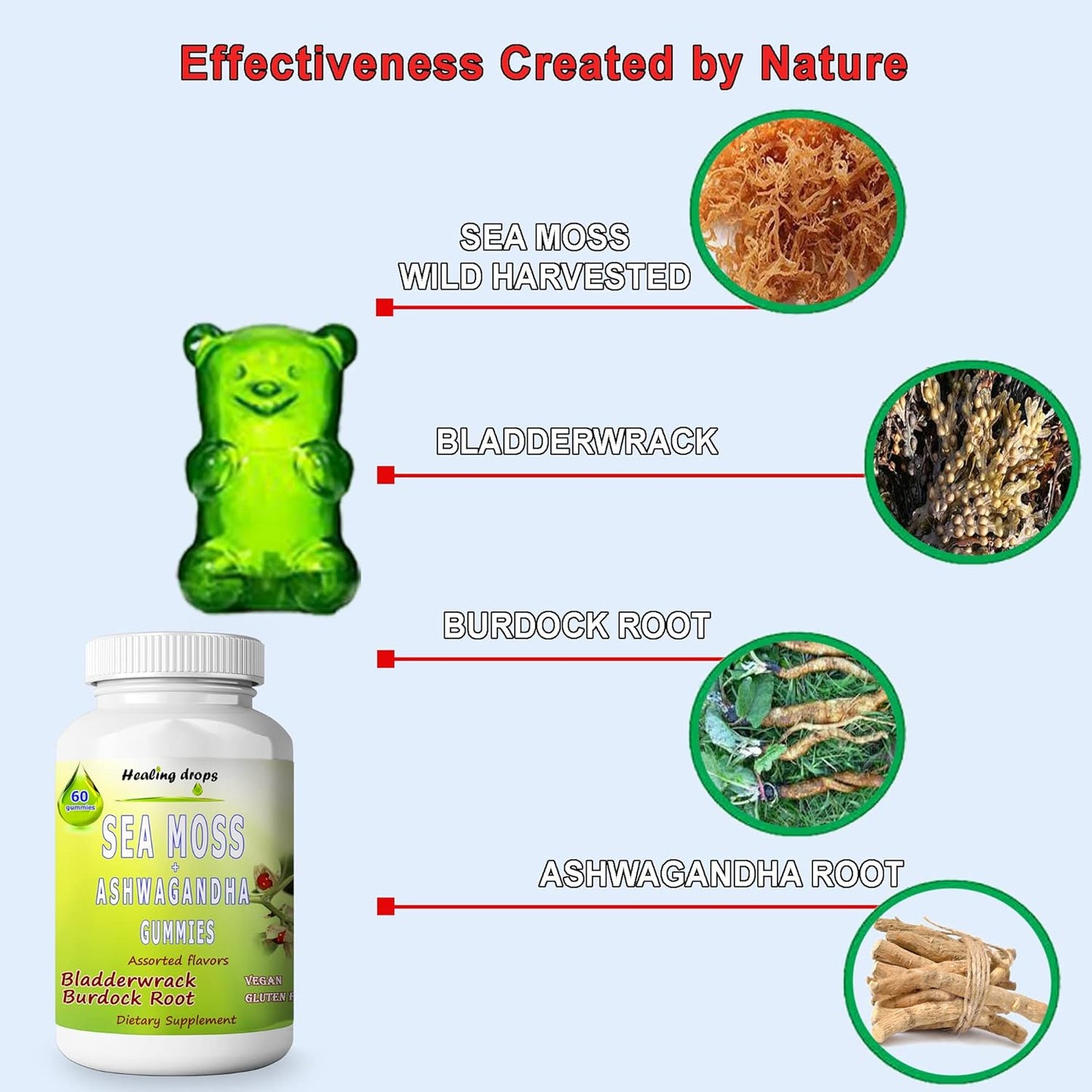 Alkaline Keto Vegan Sea Moss Gummies with Ashwagandha, Bladderwrack, and Burdock Root - Non-GMO, Dairy & Gluten Free by Healing Drops
