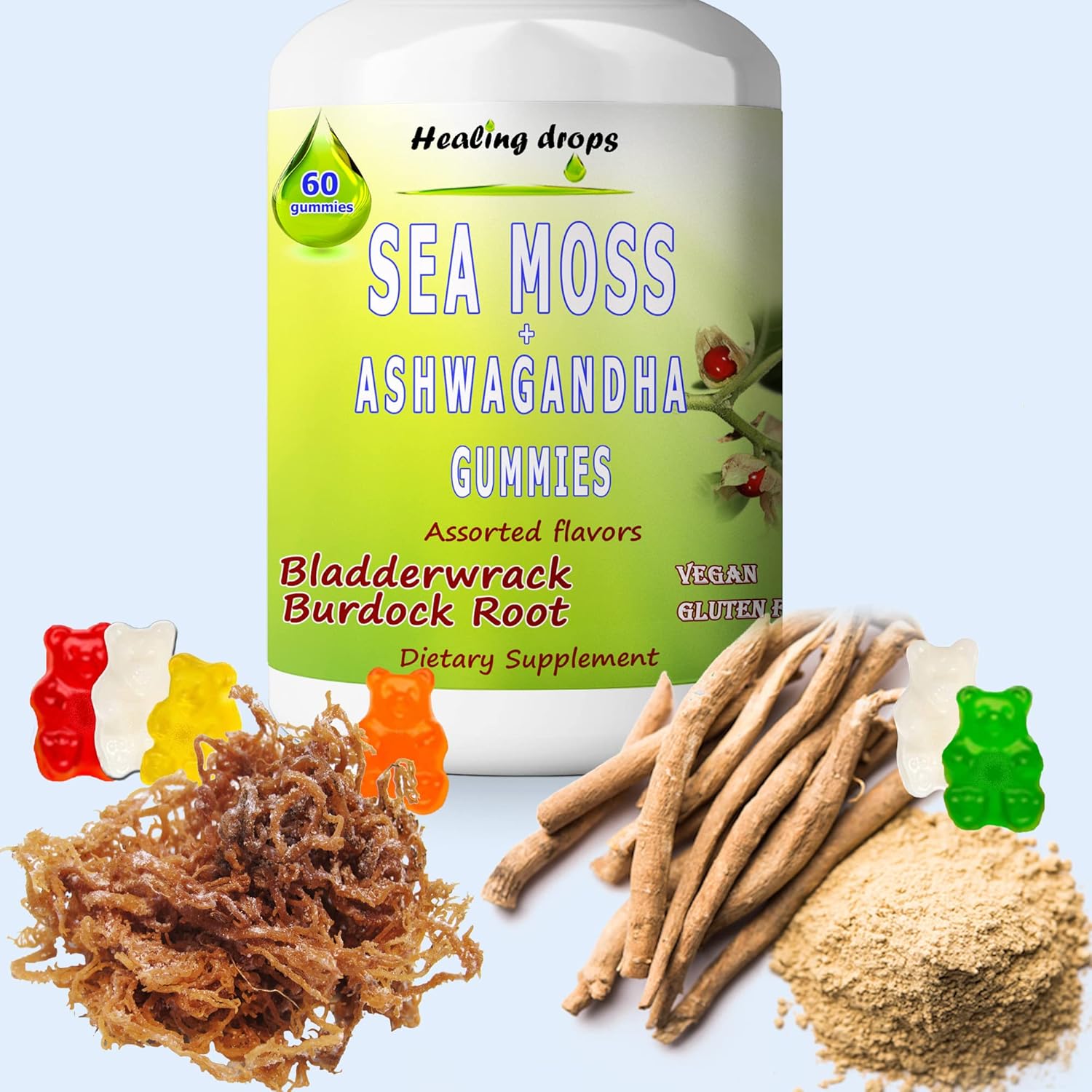 Alkaline Keto Vegan Sea Moss Gummies with Ashwagandha, Bladderwrack, and Burdock Root - Non-GMO, Dairy & Gluten Free by Healing Drops