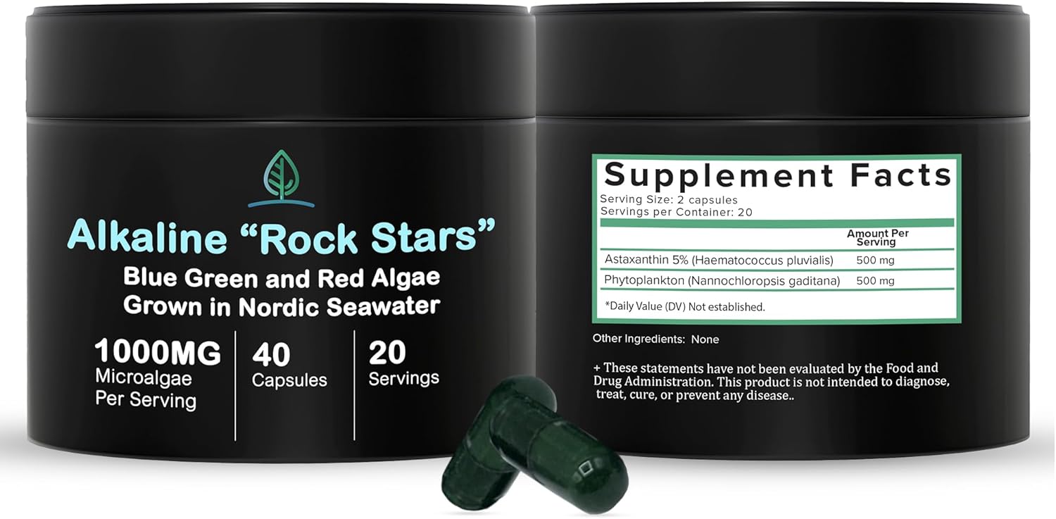 Alkaline Rock Stars Blue Green & Red Algae Supplement - 500mg Capsules with Marine Phytoplankton & Astaxanthin | Antioxidant-Rich Vegan Omega 3 Source | 30 Day Supply