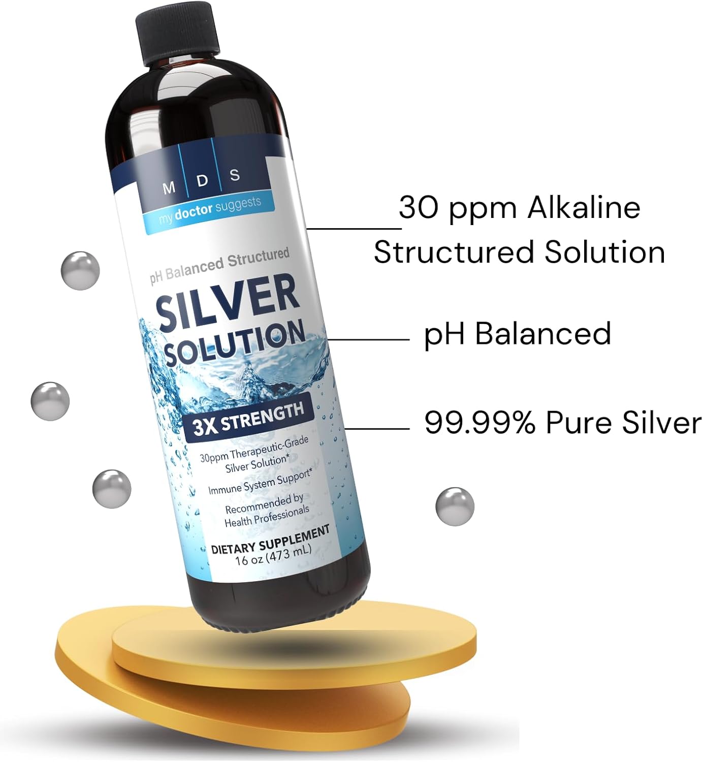 Alkaline Structured Silver Liquid Supplement 30ppm - Immune Support Drops - Extra Strength Colloidal Silver - Made in USA (16 oz)