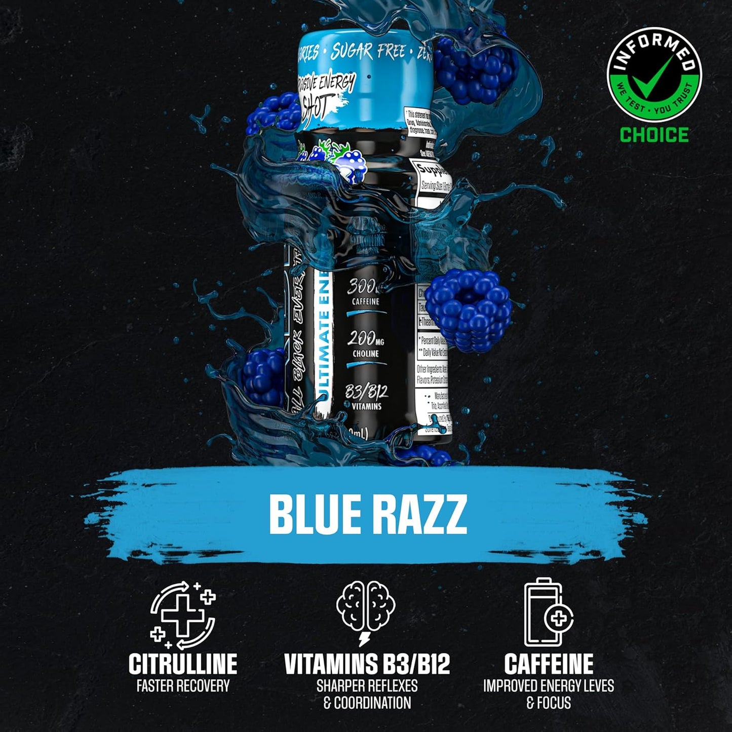 All Black Everything Energy Shots | 12 Pack | 300mg Caffeine | Blue Razz Flavor | Zero Sugar | Nootropic Blend | Energy + Focus Supplement