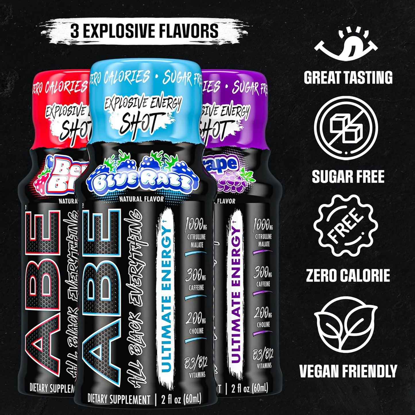 All Black Everything Energy Shots | 12 Pack | 300mg Caffeine | Blue Razz Flavor | Zero Sugar | Nootropic Blend | Energy + Focus Supplement