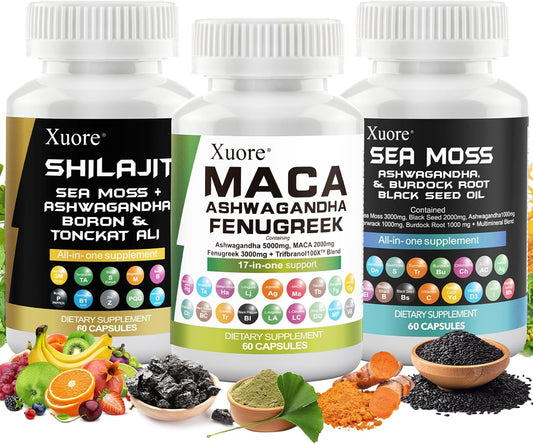 All-in-One Supplement Pack with Sea Moss, Black Seed Oil, Ashwagandha, Ginger, and More for Enhanced Wellness