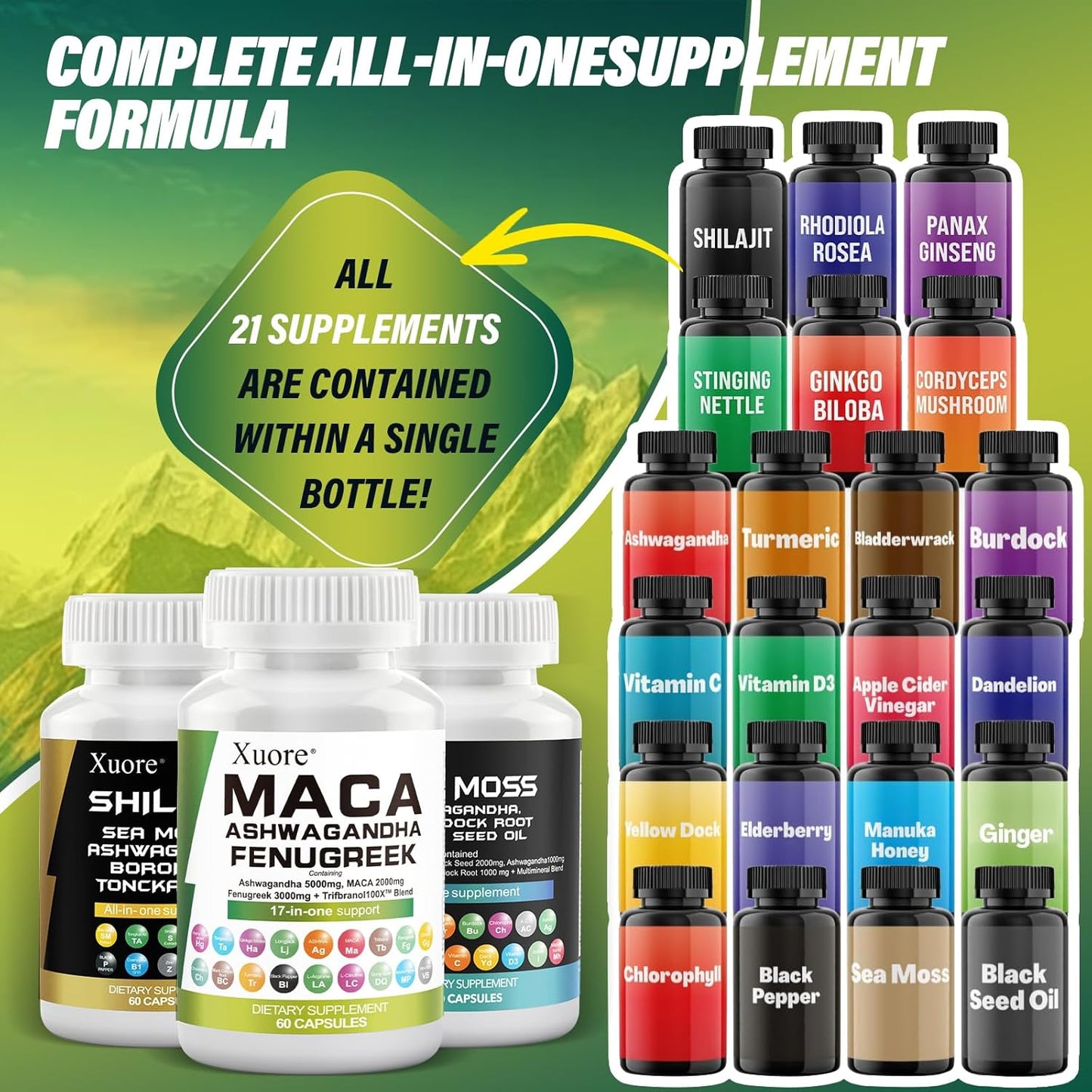 All-in-One Supplement Pack with Sea Moss, Black Seed Oil, Ashwagandha, Ginger, and More for Enhanced Wellness