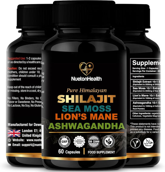 All-in-One Vegan Capsules for Mind, Body, and Vitality with Shilajit, Sea Moss, Lion's Mane, and Ashwagandha - 60 Capsules