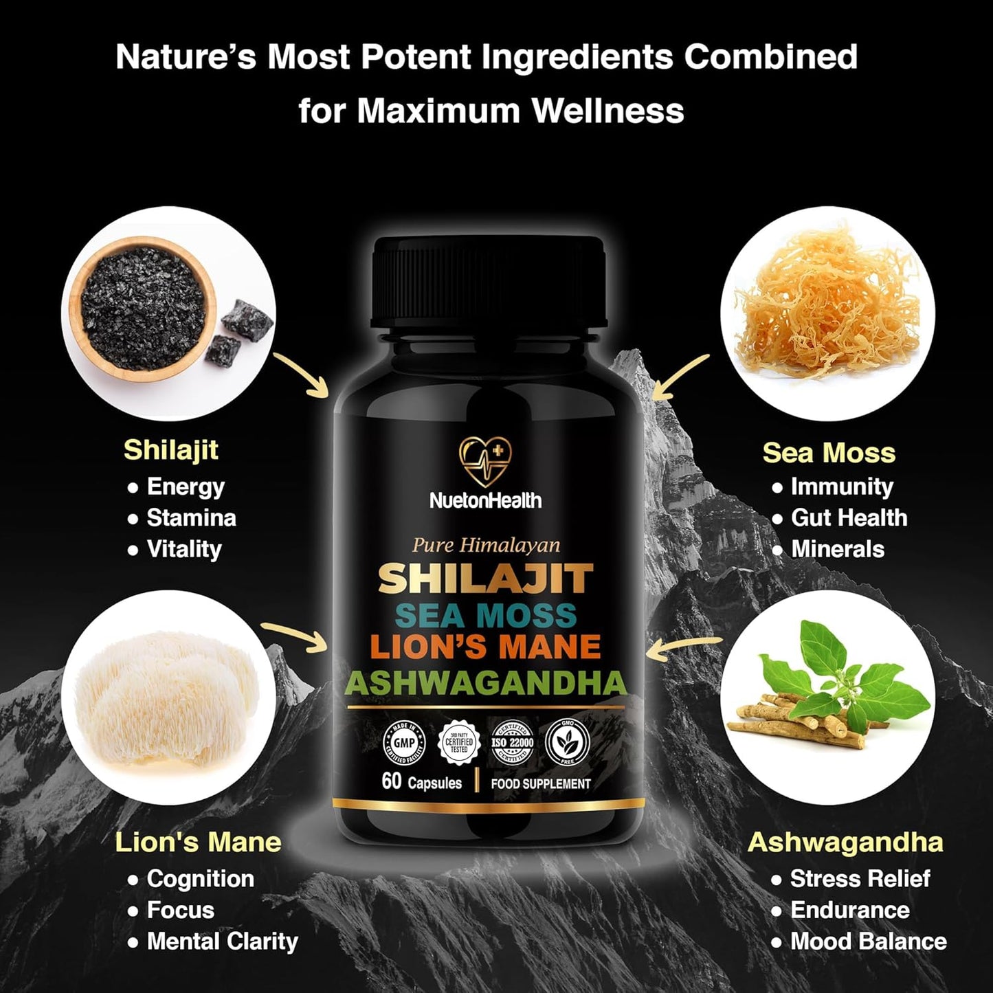 All-in-One Vegan Capsules for Mind, Body, and Vitality with Shilajit, Sea Moss, Lion's Mane, and Ashwagandha - 60 Capsules